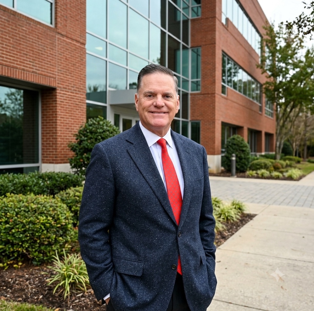 Brian Parker, standing outside an office building